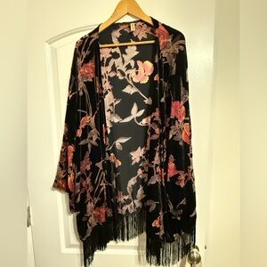 Playful Promises velvet Devoré/burnout velvet robe/shawl/kimono, size 14, black.